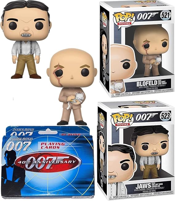 Secret Bond 007 British Agent Vinyl Pop! Movies James Figure Blofeld Villain Bundled with Spy Who Loved Me Jaws + Movie Tin Plating Cards Silver Screen Tin Display 3 Items