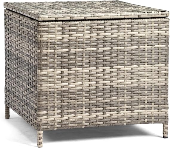 VINGLI 27 Gallon Outdoor Deck Box, Wicker Outdoor Storage Box with Lid, Small Storage Bin Container for Outside and Patio, Patio Rattan Side Table for Yard Porch (Grey, Square)