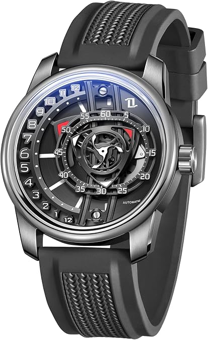 OBLVLO Luxury Automatic Watch with Blue Rubber Band, Mechanical Dial Display, Silver Case
