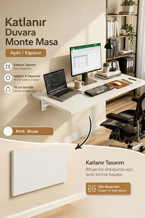 Lara Katlanır Duvar Çalışma Masası Mutfak Balkon Hobi Masası, Beyaz