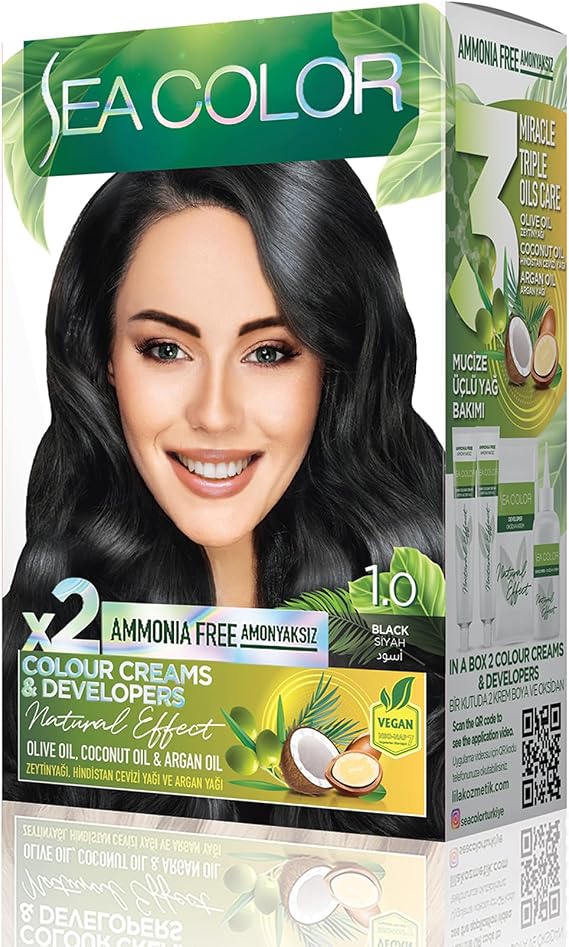SEA COLOR Amonyaksız, Vegan, Doğal, Besleyici Kalıcı Saç Boyası%100 Beyaz Kapama (1 PAKET 2 x 50 ml Boya & OKSİDAN)(Siyah 1.0)