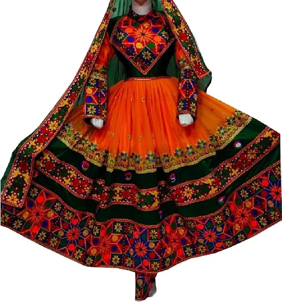 Afghan Kuchi Traditional Wedding/Party Embroidered Orange Color Chiffon Dress (Medium)