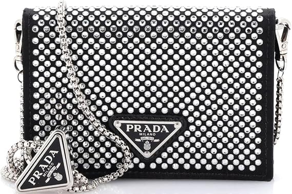 Pre-Loved Flap Card Holder with Chain Satin with Crystals, Black