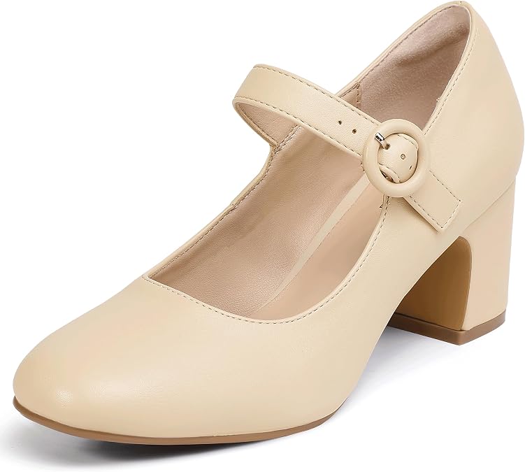 IDIFU IN3 Mary Jane Shoes Closed Toe Low Short Chunky Block Pumps | Wedding Bridal Daily Patry Prom Dress Shoe for Women Formal Cute Round Toe Vintage Small Thick Heels with Round Buckle