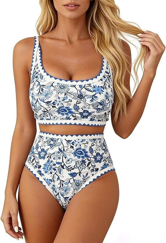 Women's Bikini Sets Vintage Floral Print 2 Piece Swimsuits High Waisted Cheeky Bathing Suits Beach Vacation Outfits