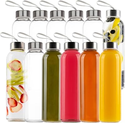 Glass Water Bottles 18 oz. | Glass Bottles with Lids, Reusable Water Bottle with Leak Proof Caps | Glass Juice Bottles for Juicing [12 Pack]