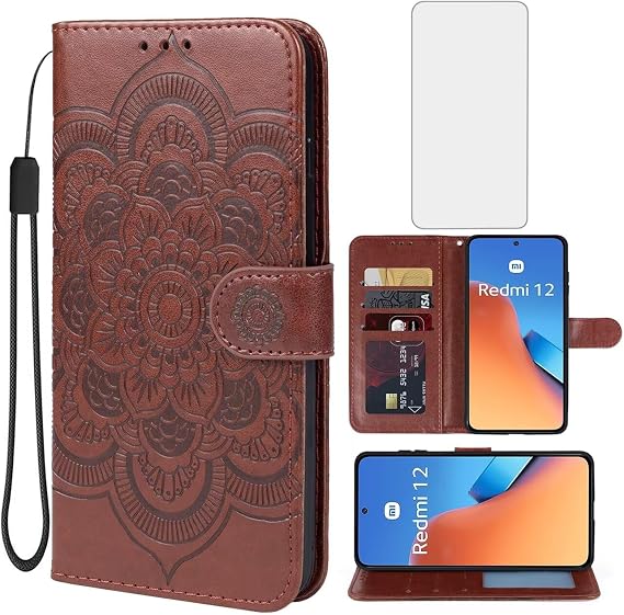 Case for Redmi 12 Case, Redmi Note 12R/Poco M6 Pro/Redmi 12R Wallet Case with Tempered Glass Screen Protector, Leather Flip Credit Card Holder Stand Phone Cover for Xiaomi Redmi 12 Brown