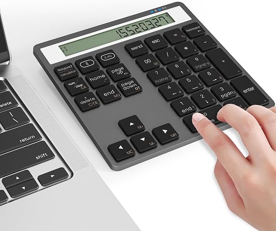 Numeric Keypad Bluetooth Number Pad - with Display Calculator Bluetooth Wireless Numpad Keyboard 2 in 1 Data Entry + Calculation, Slim 34 Keys External Number Keypad for Laptop Macbook Mac Surface PC