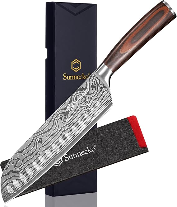 Sunnecko Chef Knife Sharp Santoku Knife 7 Inch, High Carbon Stainless Steel Chopping Knife Vegetables, Cooking Knife with Wood Handle, Gifts for Men and Women