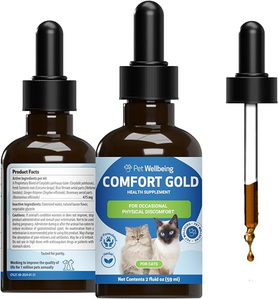 Pet Wellbeing Comfort Gold for Cats - Physical Comfort & Circulation, 2 oz | NASC Certified & Vet-Formulated Liquid Comfort Supplement with Corydalis & Turmeric for Comfort Support & Healthy Recovery