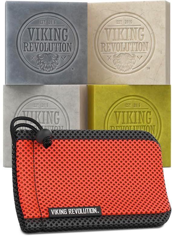 Viking Revolution Soap Bag (5.9"x3.7", 1 Piece) and 4 Pack Variety Natural Soap for Men (Tea Tree, Clary Sage, Eucalyptus, Bergamot) (5 Oz Each) - Nourishing Cold Pressed Bar with Essential Oils