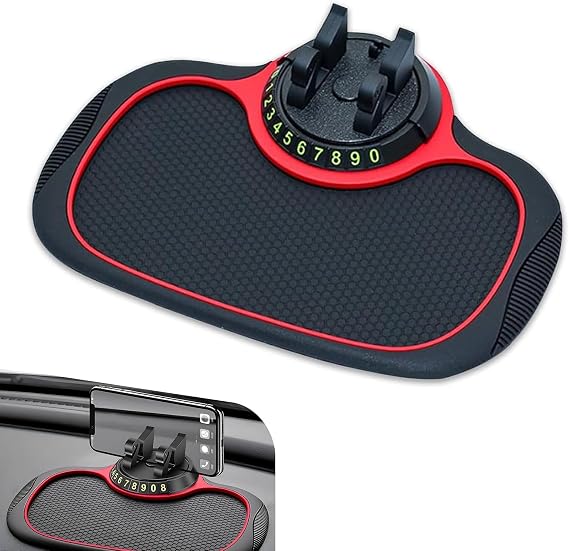 Pack-1 Car Dashboard Anti-Slip Mat, Multi-Function Mobile Phone Holder Parking Number Plate, Soft Waterproof PVC Storage Mat with 360 Degree Rotating Bracket, Universal for Cars (Black & Red)