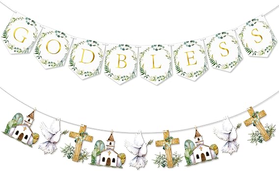 Henoyso 2 Pcs First Holy Communion Gold Glitter Baptism Banner Decorations, God Bless Banner, Christening Decorations, Confirmation Decorations, Kids' Party Banners, Baby Shower Girl Boy Party