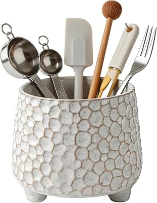 WF Utensil Holder, Ceramic Cooking Utensil SpoonSpatula Holder Countertop Compatible with Pen Holder Makeup Brush Kitchen Storage Jar beige