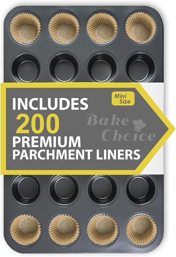 Bake Choice Mini Muffin Trays Includes 200Pcs Mini Cupcake Liners,24 Cup Mini Muffin Tin,Carbon Steel & Non-Stick Muffin Tray,Reusable Cupcake Tray for Party and Baking | Nonstick 24 Cup Muffin Pan Baking Accessories Carbon Steel