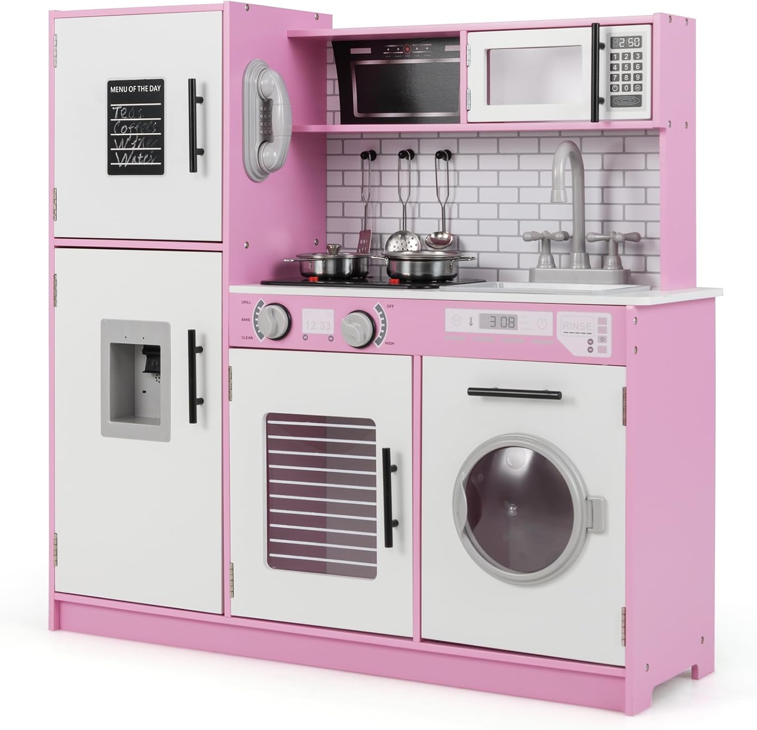 COSTWAY Kids Wooden Kitchen, Pretend Play Kitchen with Light, Sound, Oven, Washing Machine, Microwave, Water Dispenser, Telephone & Utensils, Children Chef Role Playset for Boys Girls WhitePink