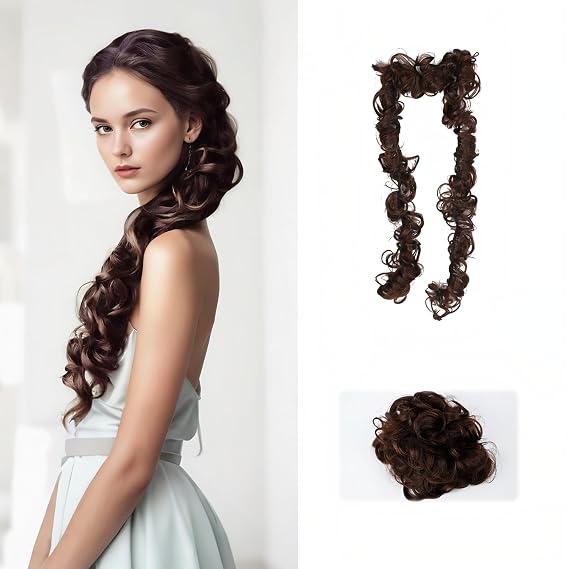 DIY Long Curly Messy Bun Wrap for Women Girls 47" Hair Pieces for Updos Chignon Ponytail Extension with Elastic Band - Small Curls, Dark Brown