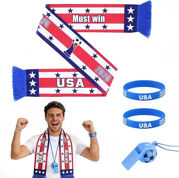 World Cup Fan Scarf, Double-Sided Print, Includes Cheering Wristband and Whistle