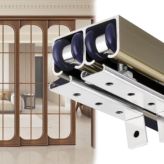 Double Closet Sliding Door Track Kit with Floor Guide and Rollers, 3.3-21.7 ft Heavy Duty Bypass Barn Pocket Door Hardware Kit for Double Door - Ceiling Mounted, Easy to Install(Champagne,1.2m/3.9ft)
