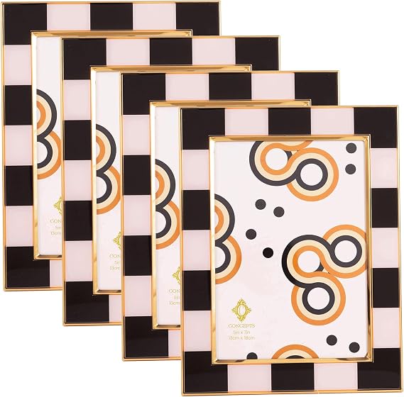 Concepts Black And White, Checkered Retro Gold Bordered Enamled Picture Frame With HD Clear Glass, Extra Durable Photo Frames, Display Wallhung Or Tabletop, Vertically Or Horizontaly (4 Pack, 5X7)