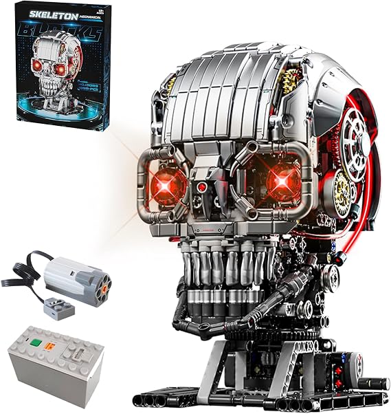 CSNRHG Mechanical Skull Building Block Set 3D Poseable Model with Mandibular Teeth Bite Drive can be driven by hand or motor for STEM Toys for Kids & Adults Perfect for Horror Fans & Gothic Room Decor