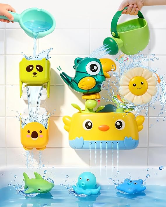 Bath Toys Toddlers 2-4, Mold Free Toddler Bath Toys, Baby Bathtub Water Toys with Strong Suction Cups Waterfall Shower Toy with Bath Cups & Watering Can for 18+ Months Boy Girl Gifts