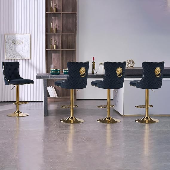 Set of 4 Luxury Velvet Bar Stools, 360° Swivel Adjustable Counter Height Chairs with Lion Knocker, Gold Metal Base, Upholstered Breakfast Stools for Kitchen Island Bar, Golden Black