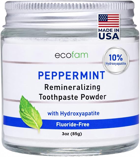 Ecofam Toothpaste Powder - Remineralizing Tooth Powder, Hydroxyapatite and Xylitol, Fluoride Free, Supports Enamel Strength & Gum Health - Peppermint