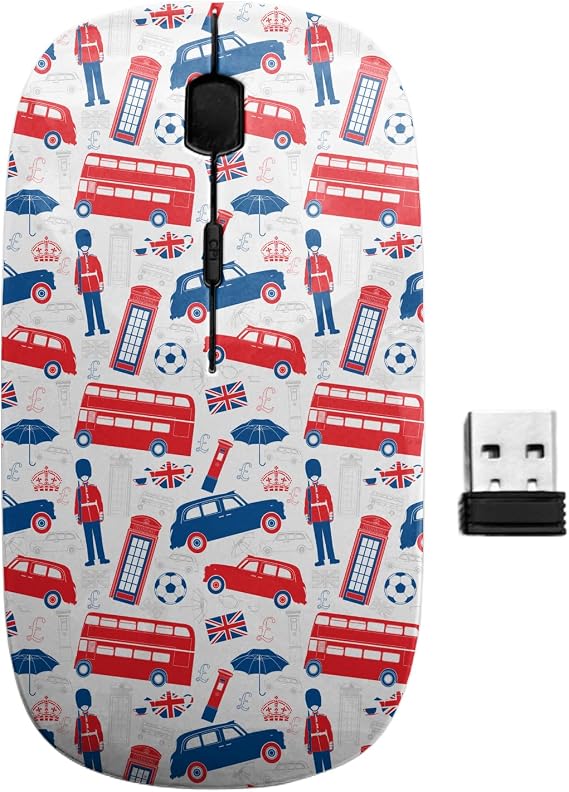 2.4GHz USB Wireless Mouse, London Symbols Icons Pattern, Ergonomic Slim Computer Mice for Kids