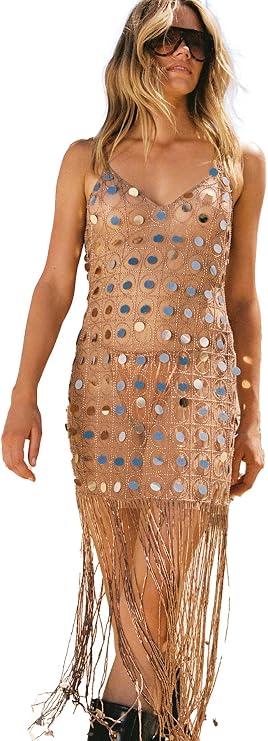 Nasty Gal Hand Embellished Disc Beaded Tassel Beach Dress