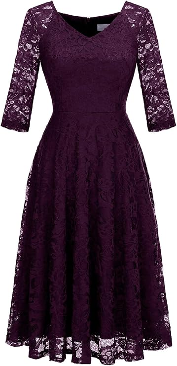 Dressystar Womens Long-Sleeve Wedding Guest Dress A-Line Lace Formal Party Cocktail Midi Dress Prom Gown