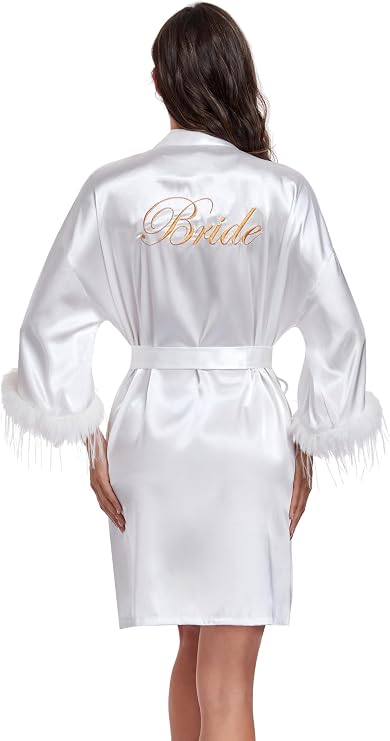 Women's Satin Kimono Robes Feather Trim Bride Robe Silky Wedding Getting Redy Sleepwear Bridal Dressing Gown