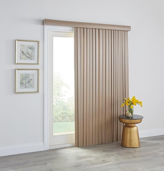 BrylaneHome 3.5 Printed Wood-Grain Vertical Blinds - Light Filtering, Room Darkening - Suitable for Sliding Doors, Large Windows - 54" W 63" L, Beige