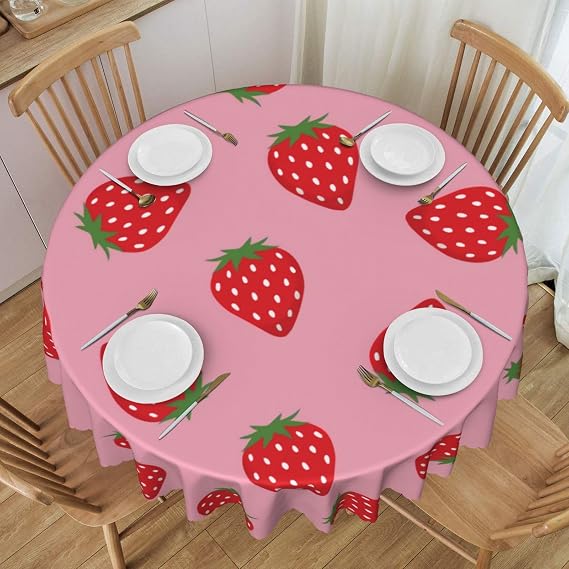 Red Pink Strawberry Round Tablecloth 60 Inch Reusable Washable Table Cloth Cover for Kitchen, Dining Party,Holiday