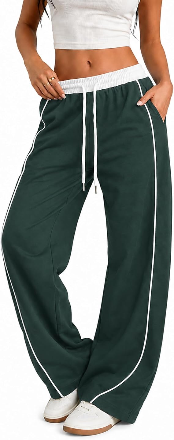 Womens Parachute Pants Y2K Side Striped Wide Leg Sweatpants Elastic Drawstring Waist Jogger Baggy Track Pants