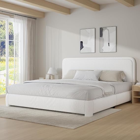 BarnFurin King Bed Frame, Cloud Boucle Headboard, Rounded Corners, White | Soft boucle and rounded edges create a low-profile cloud look. Wooden slats support the mattress without a box spring