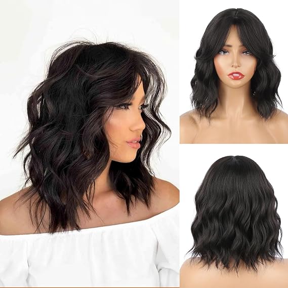 LEOSA Dark Brown Short Bob Wavy Wigs with Bangs Shoulder Length curly Wavy Bob Wig Synthetic Hair with Curtain Bangs for Women Cute Natural Daily Use Hair Wig for Black Women 14 Inch 4