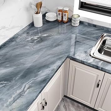 Wallercity Glossy Blue/Gray Marble Contact Paper for Kitchen Countertops Granite Peel and Stick Marble Wallpaper Waterproof Self Adhesive Wallpapers for Table Top Vinyl Wrap for Cabinets 15.8x78.7