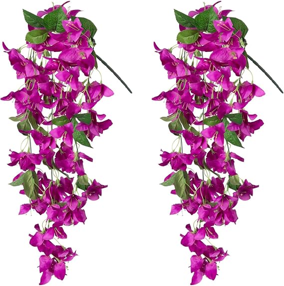 2PCS Bougainvillea Artificial Hanging Flowers Plants for Outdoors Outside Spring Decoration, Faux Silk Flowers Fake Vines UV Resistant Look Real Realistic for Front Door Porch Planter Balcony, Fuchsia