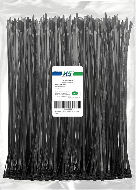 HS Plastic Zip Wire Ties Black Nylon Cable Zip Ties for Fencing Travel Outdoor Purpose, Cable Ties 14 Inch 50 LBS UV Resistant 500 Pieces