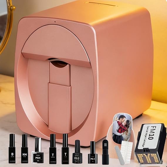 Nail Printer Machine,3D Automatic Smart Nail Machine Nail Printer,Digital Mobile Nail Art Printer,Includes Pg4 Gel,Fm10 Ink,Base/Cleaning Glue(Bonus Pg0&White Gel) for Home Nail Studios Pink