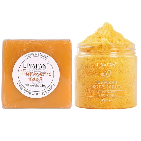 LIYALAN Turmeric Soap Bar for Deep Cleansing&Liyalan Turmeric Body Scrub Moisturizing and Exfoliating