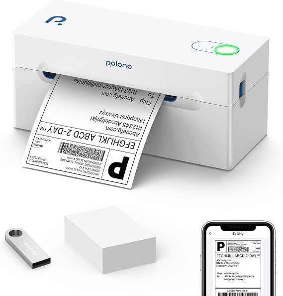POLONO Bluetooth Thermal Shipping Label Printer, Wireless 4x6 Shipping Label Printer for Small Business, Support Android, iPhone, Windows, and Mac, Widely Used for Ebay, Amazon, Shopify, Etsy, USPS