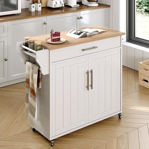 Kitchen Island Cart with Storage, 35.1" Rolling Kitchen Island On Wheels with Wood Top, Mobile Cart Cabinet with Towel Rack, Spice Rack and Drawers for Home Dining Room, White