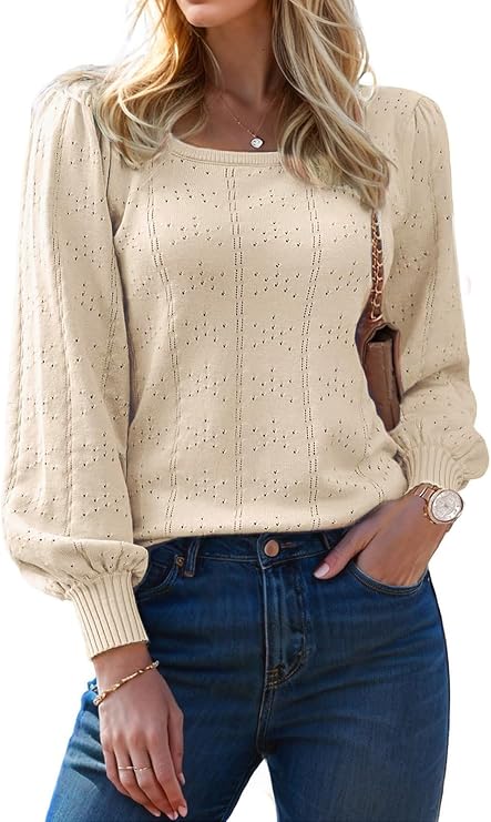 XINWEZZ Womens Sweaters Fall 2026 Casual Puff Long Sleeve Square Neck Cozy Knitted Pullover Sweater Tops Trendy Outfits