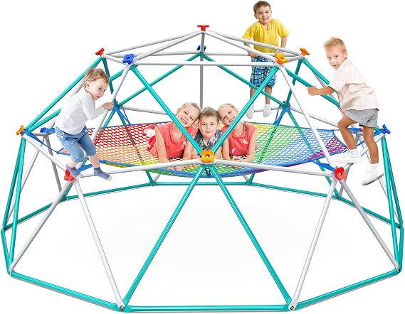 10 ft Climbing Dome with Climbing Cargo Net for Kids 3-12 | Jungle Gym Climber with Net Hammock for Backyard Outside, Outdoor Dome Playset Monkey Bars, Supports 800 lbs, 3D Setup Video