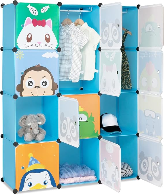 Cubes Storage Organizer, 12-Cube Plastic DIY Cabinet Clothes Wardrobe Closet, Portable Modular Bookcase Shelf Baskets Cube, with Doors for Livingroom, Bedroom,Animal Patterns