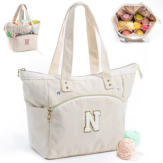 Initial Personalized Crochet Bag Tote - Corduroy Yarn Storage - Yarn Holder & Organizer for Crochet Hooks, Accessories & Projects