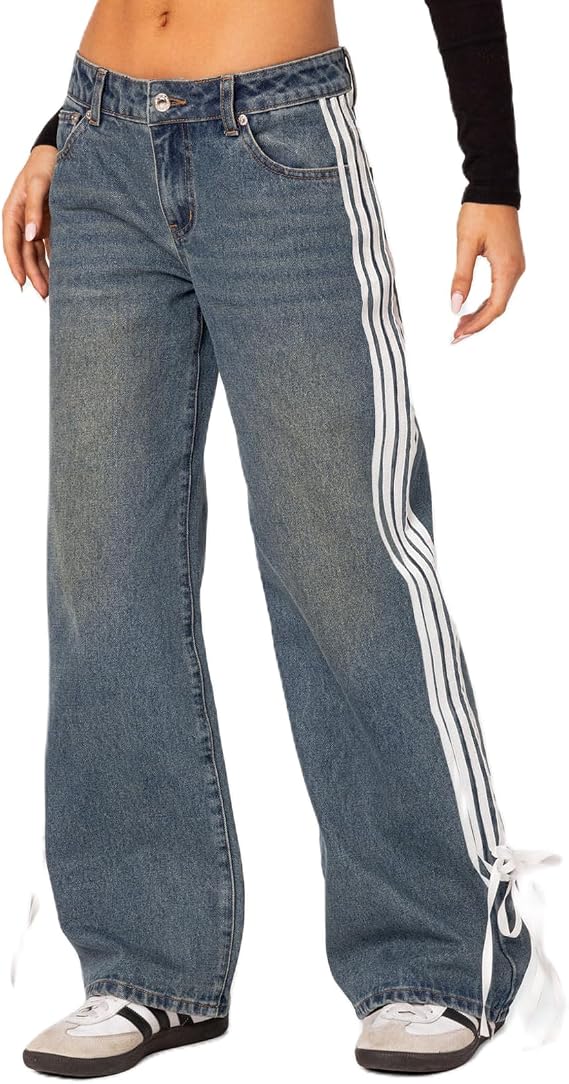 Pivanzore Boyfriend Jeans for Women Y2K Fashion Striped High Waist Wide Leg Denim Pants Casual Vintage Baggy Streetwear Jeans