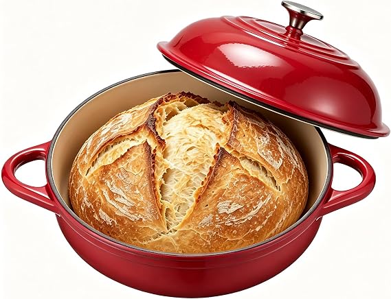 Dutch Oven Cast Iron Bread Oven with Cloche Dome Lid for Baking Sourdough, Artisan Bread & Pizza - Enameled Cast Iron Combo Cooker for Baking, Braising & Roasting, Red